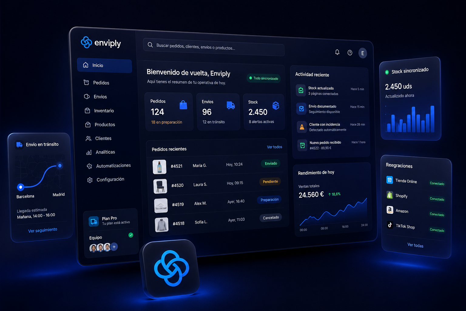 Dashboard de Enviply con pedidos, clientes, productos y envíos
